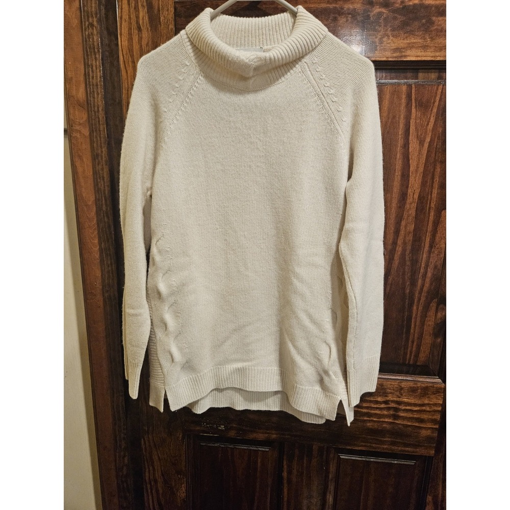 Garnet Hill 100% Cashmere Ivory Cowl Turtleneck Cable Knit Sweater Womens Medium